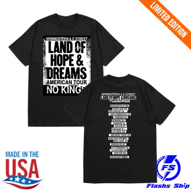 Bruce Springsteen Merch Store 2026 Land Of Hope & Dreams American Tour No Kings Tee Black